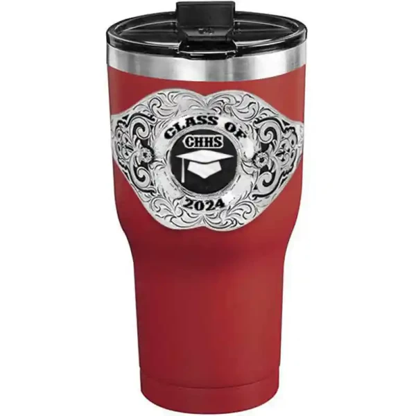 A customized tumbler made of stainless steel with a personalized engraved Class of 2024 lettering with graduate cap figure, 30 oz, ideal for coffee or cool drinks